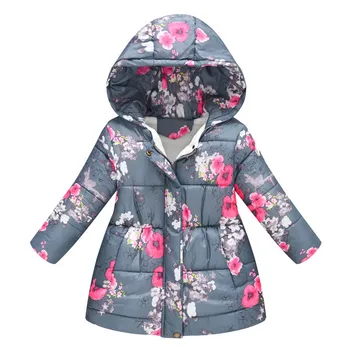 

Baby Girls Cotton Padded Jackets European American Multi-Color Printied Cute Hooded Jacket Long Children Teenage Fashion Coat