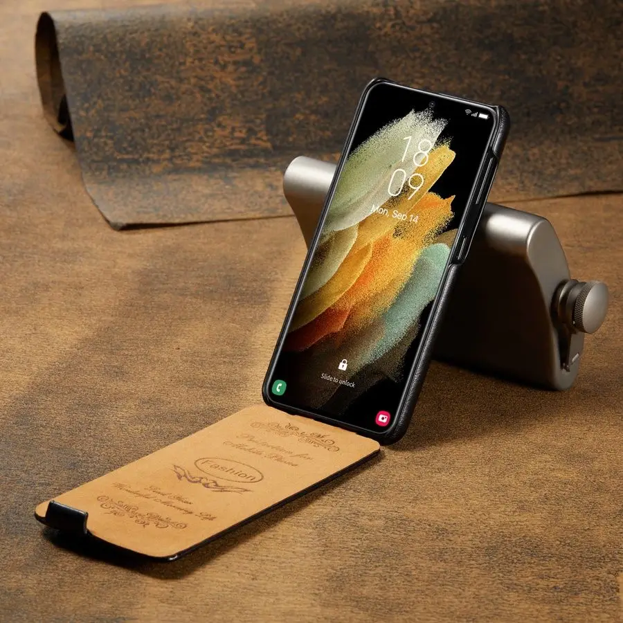 Premium Genuine Leather Vertical Flip Cover Case with Complimentary Screen Protector