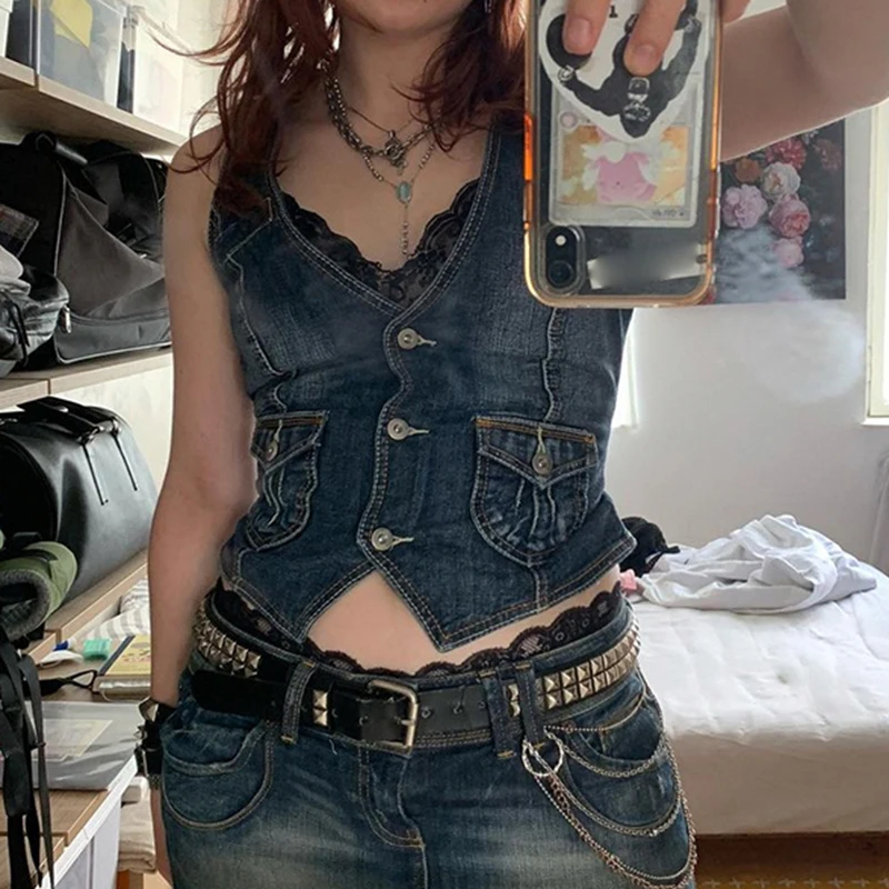 Feminino sem Mangas Sweetown Denim Colheita Jaqueta Racerback Colete Grunge Bolsos Streetwear Botão Vintage Corsetier Topos Y2k 9 Sweetown y2k denim colheita jaqueta racerback colete