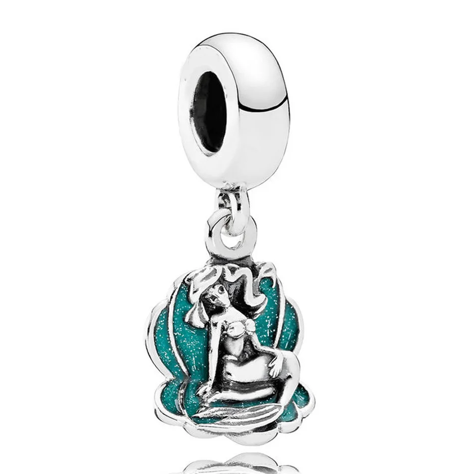 

Authentic 925 Sterling Silver Green Enamel Ariel In Her Shell Pendant Bead Charm fit Lady BraceletBangle DIY Jewelry