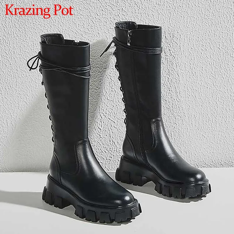 

Krazing Pot cow leather thick bottom leisure boots back lace up metal rivets round toe black colors warm cozy mid-calf boots L73