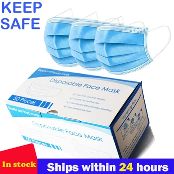 

50pcs Disposable Face Mask 3 Layer Anti Dust Protection Mouth Mask Non Woven Anti-Dust Meltblown Cloth Mouth Masks In Stock