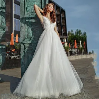 

V-Neck Lace Appliques A-Line Wedding Dresses Tulle Skirt Bridal Gowns Sleeveless Custom Robe De Mariee Spring Formal