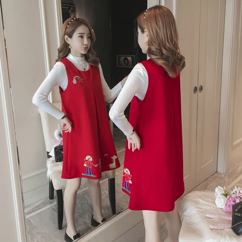 

Pregnant Women Spring Clothing Dress 2019 New Style Fashion Long-sleeved Upper Garment Vest Skirt Mid-length Loose-Fit Two-Piece