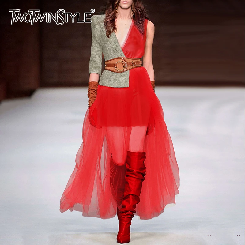 

TWOTWINSTYLE Hit Color Patchwork Dress For Women Asymmetrical Collar Long Sleeve High Waist Dresses Female 2019 Autumn Fashion