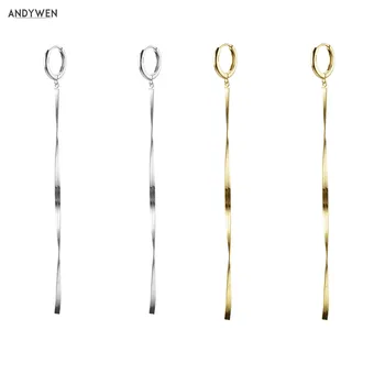 ANDYWEN 925 Sterling Silver Gold Long Chain Earring Plait Line Luxury Women Crystal Luxury Gold Statement Fashion Party Jewelry
