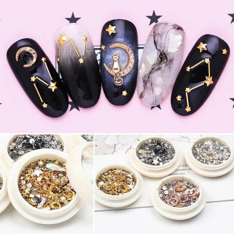 

1 Box 3D Star Moon Shape Nail Beads Nail Rhinestones Decoration Irregular Chains Design Nails Art Design DIY Accessories
