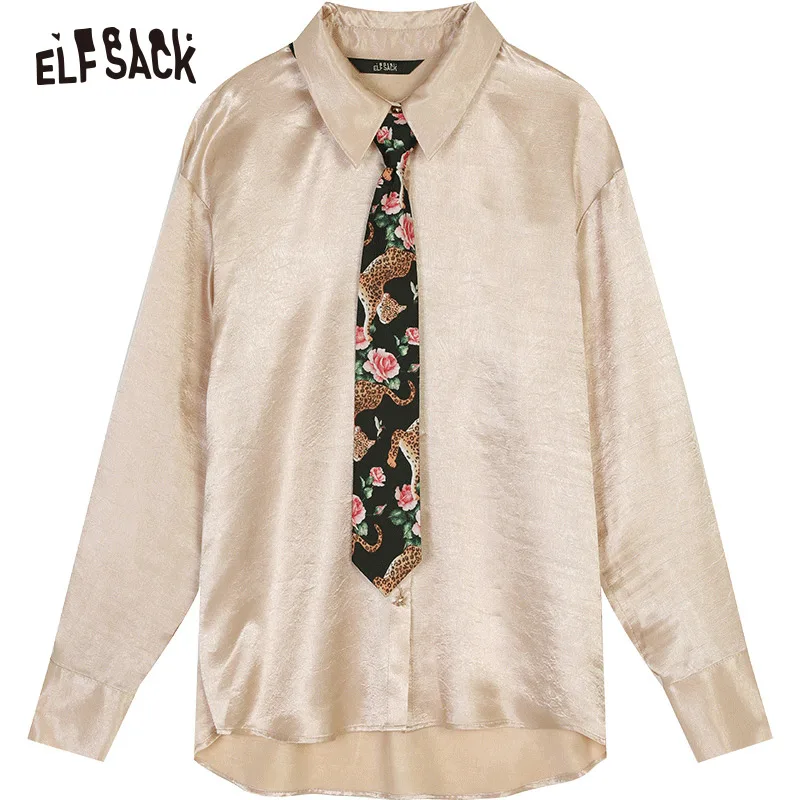 Beige ELFSACK, элегантные атласные женские рубашки, осень, длинный рукав, уличная одежда, повседневные женские топы, модный принт, галстук, офисные женские рубашки - Цвет: Beige