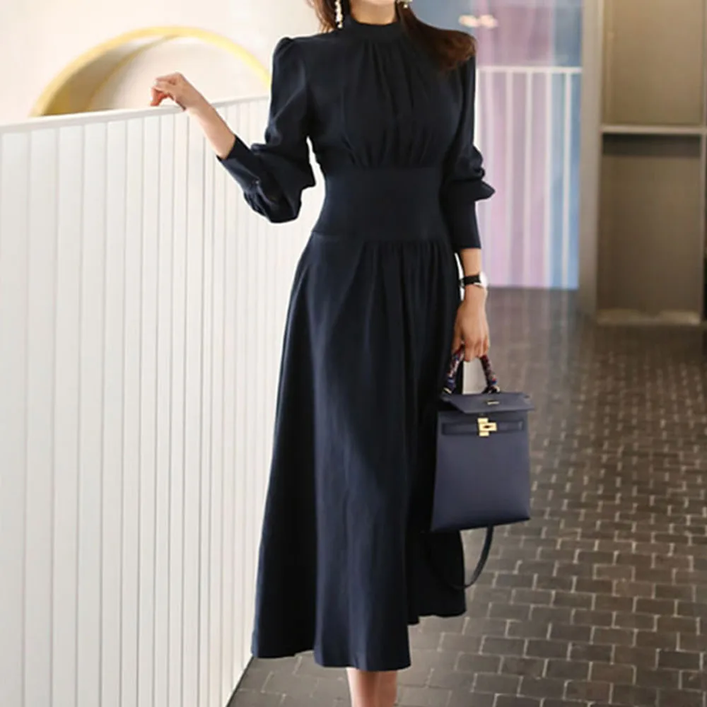 Elegant Puff Sleeve Dress Women Autumn Office Ladies Solid Blue Slim High Waist A-Line Long Dresses Korean Retro Maxi Robe | Женская