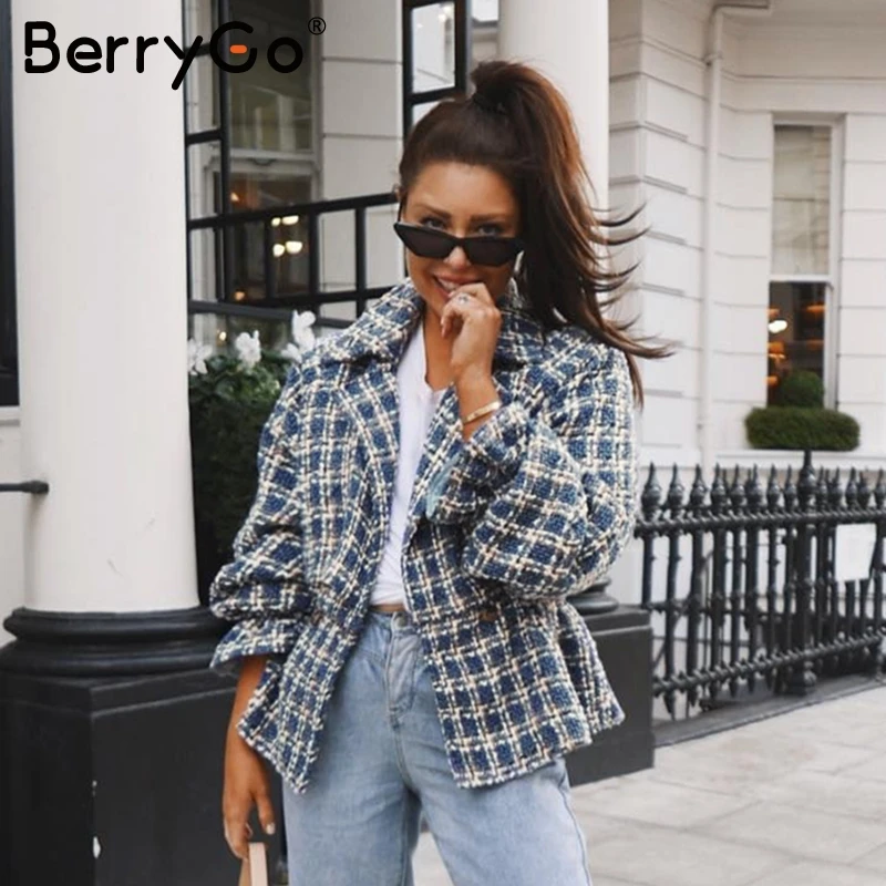 discounted  BerryGo Fashion plaid tweed jacket women coat Loose lantern sleeve streetwear coats Elastic high wa