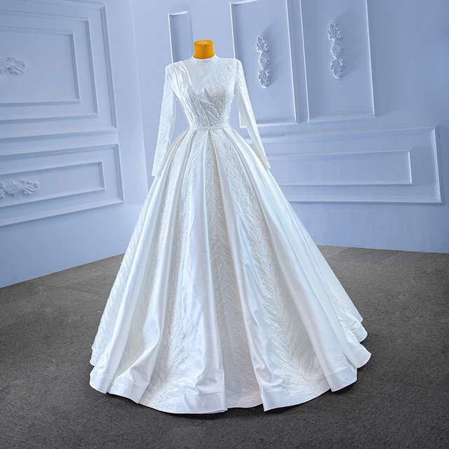 RSM67420 Shiny Glitters Wedding Gown With Pearls Belt Satin Wedding Dresses Long Sleeve 2022 Vestidos Cetim Branco Frete Gratis 2