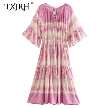 

TXJRH Vintage Tribe Bohemia Ethnic Floral Print Flare Sleeve Tied Bow Bell Bandage Elastic Waist A-Line Dress Beach 2 Colors