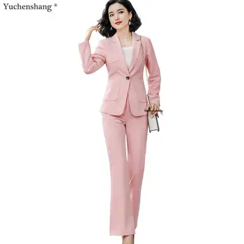 

Women Pink Green Pant Suit 2 Piece Set Suit Full Sleeve Blazer Suit With Three Pockets Jacket and Pant for Business Work Wear