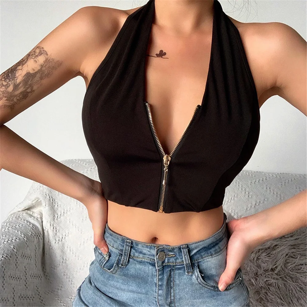 

Three-Ratels Women Solid Color Halter Tank Top Slim Elastic Zipper V neck Camis Tanks Casual Cozy Backless Streetwear Crop Top