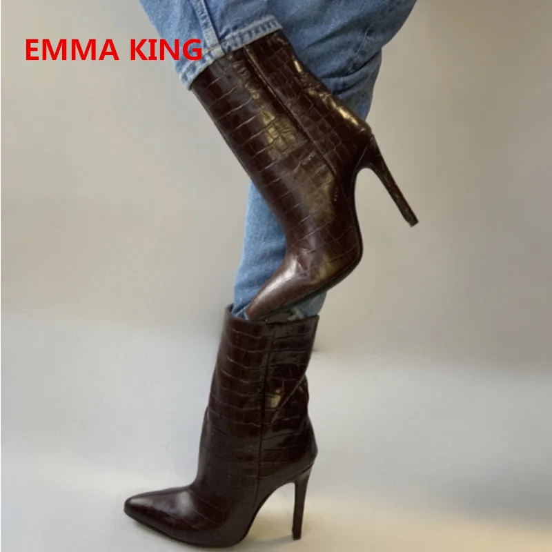 

2019 Winter Solid Pointed Toe Mid Calf Leather Boots For Women Sexy Stiletto High Heels Shoes Woman Side Zip Female Chelsea Boot