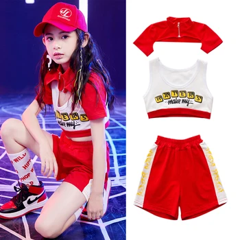 

New Jazz Dance Costumes Hip Hop Kids Short Sleeve Top Vest Pants Girls Hiphop Rave Clothes Street Dance Stage Show Wear SL2102