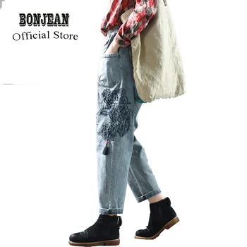 

Women Jeans Denim Pants Embroidery Face Big Loose Long Retro Vintage Fashion Casual for Autumn Spring AZ26461423