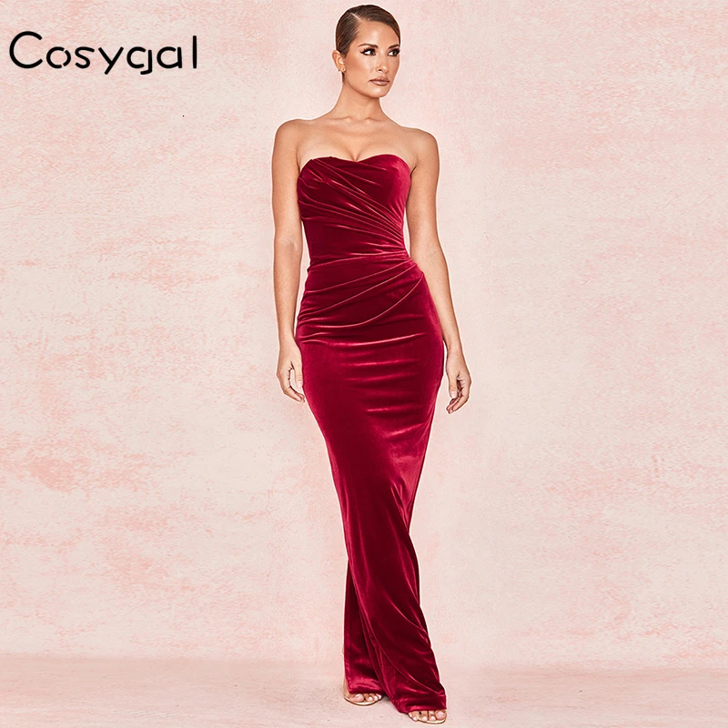 

COSYGAL 2019 Strapless Long Bodycon Dresses Women Party Clubwear Winter Autumn Dresses Female Robe Red Elegant Dress Vestidos