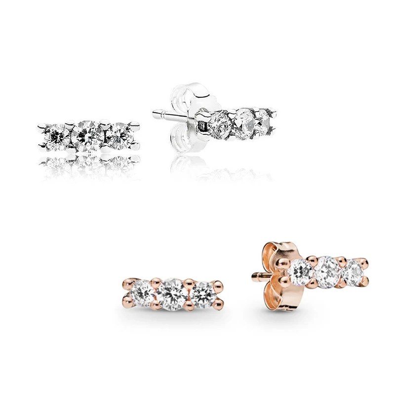 

2 Colors Silver & Rose Golden Sparkling Elegance Women Earrings Jewelry Clear CZ 925 Sterling Silver Stud Earrings for Women