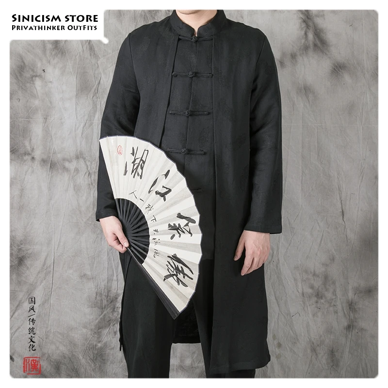 Sinicism Store, китайский стиль, с пряжкой, Тренч, мужской, однотонный, винтажный, осенний, длинный, мужской Тренч, большой размер, хлопок, лен, мужское пальто