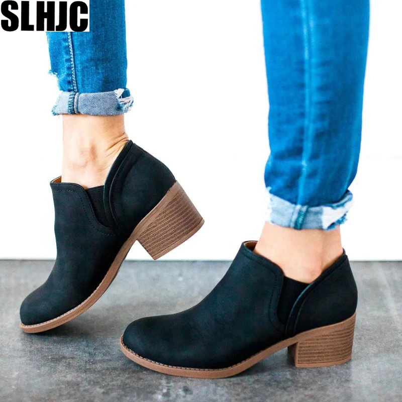 

SLHJC Women Pumps Med Chunky Block Heel Pointed Toe Deep Mouth Leather Shoes Boots Plus Size Autumn Ankle Heels