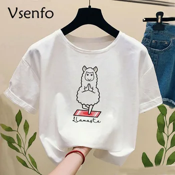 

Cute Cartoon Llama Printed T-Shirt Women O-neck Top Funny Casual Summer Short Sleeve Tee Shirts for Women Lady Girl