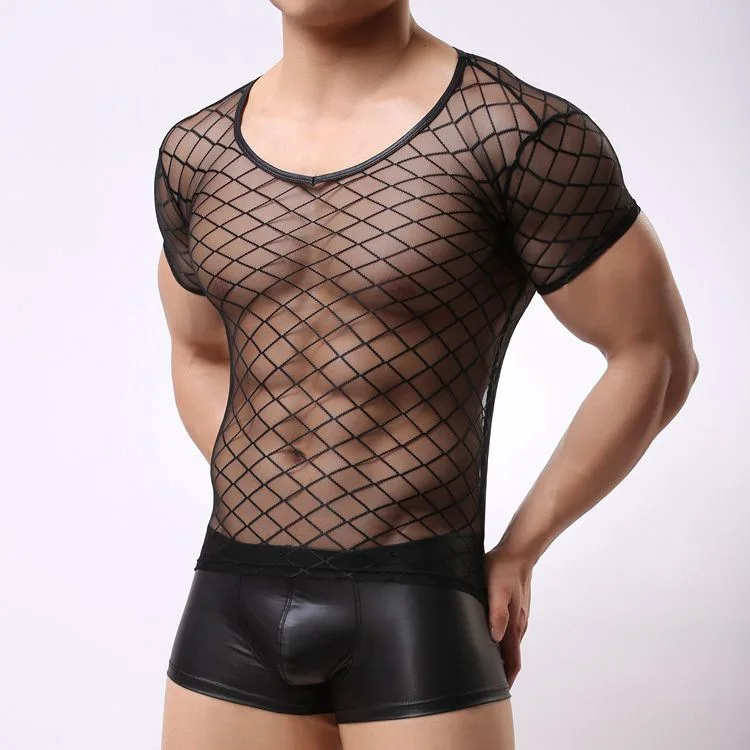 Сексуальное мужское нижнее белье, клетчатая сетчатая прозрачная рубашка с коротким рукавом, экзотическая Клубная одежда, мужская одежда для сна, Roupas Masculinas