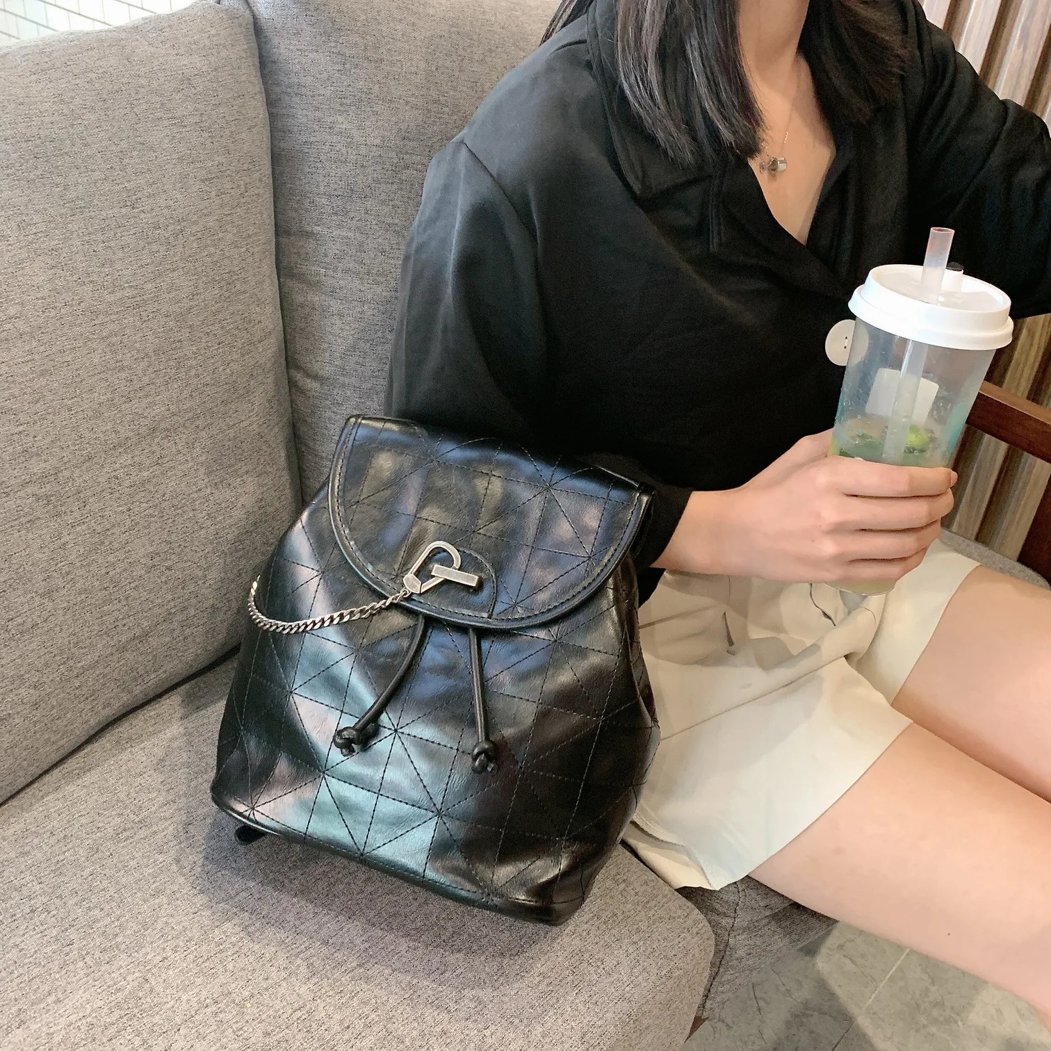 

Z Home WOMEN'S Bag 2020 New Style Black And White with Pattern Flip Soft Backpack Large Capacity Bag with Chain-Style Rhombus Le