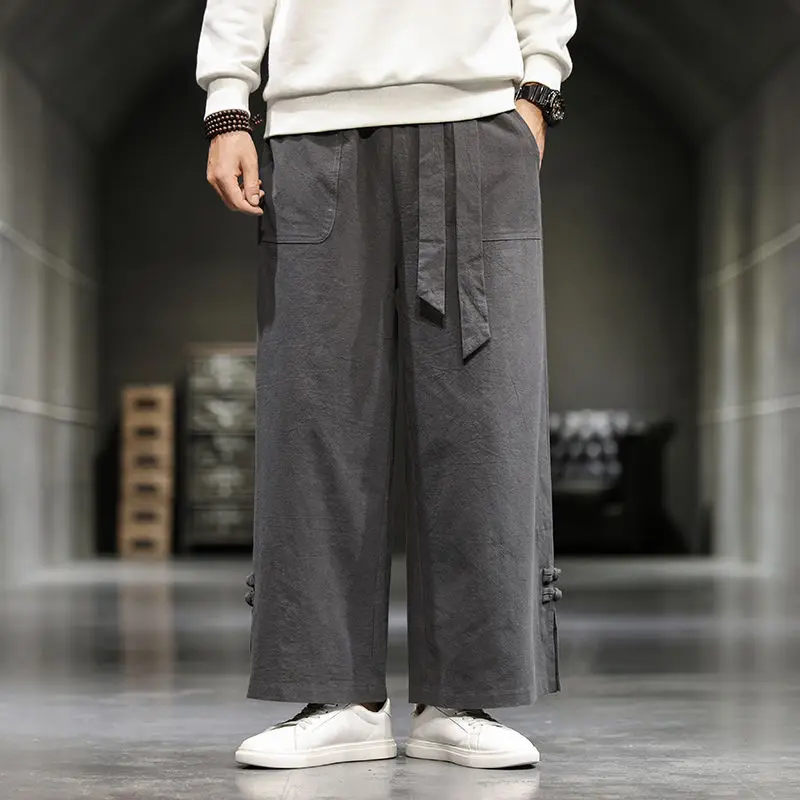

Autumn Chinese style loose cargo pants men retro cotton linen straight joggers trousers pants big size