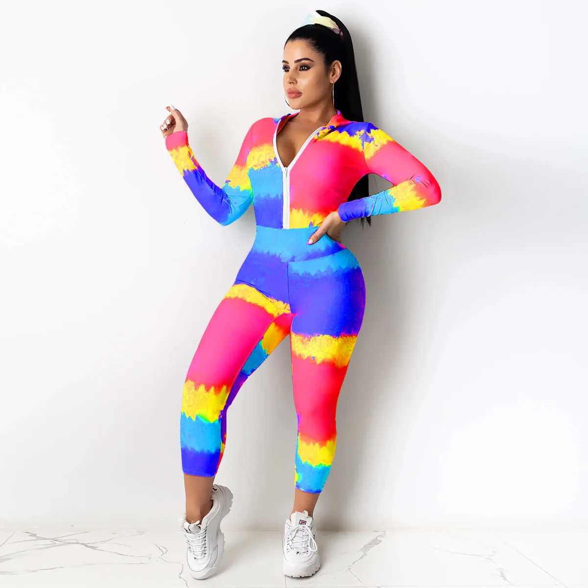 

Spring Autumn Tracksuit Two Pieces Set For Women Fashion Casual Leopard Printed Hooded Jacket Coat&Pencil Pants For Gym Fitness