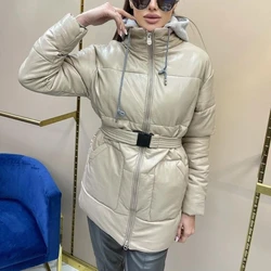 Pré venda mulher jaqueta inverno 2021 nova moda rua destacável guarda chapéu cintura comprimento médio jaqueta de algodão de couro feminino wear