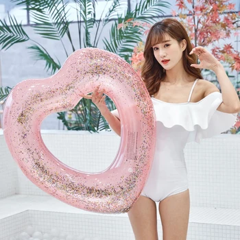 

90cm/120cm Heart Sequin Swimming Ring Summer Beach Inflatable Circle Women Party Pool Swim Ring Colorful Transparent Life Buoy