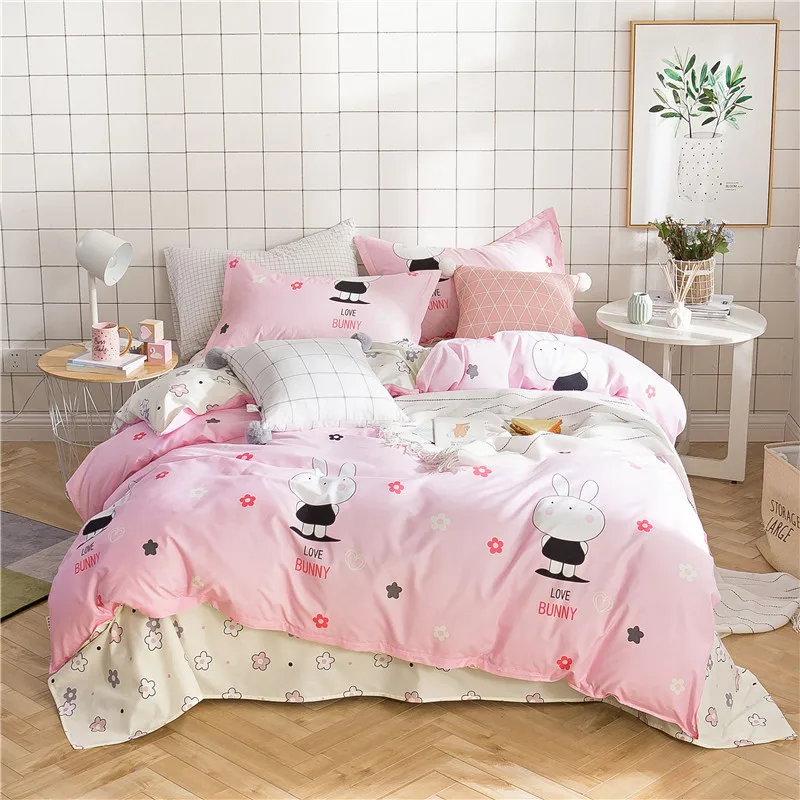 

New Cute Pink White Rabbit Printed Bedding Set Queen King Size Bed Linen Boy Girls Duvet Cover Set Bed Sheet Pillowcase 2019 Bed