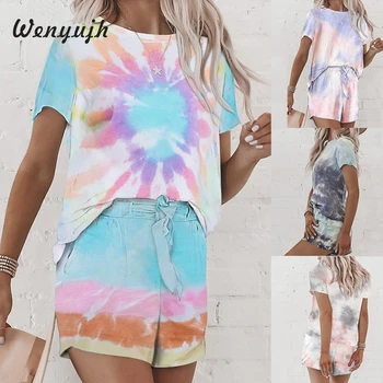 

Tie Dye Printed Short Pajamas Set 2020 Summer Short Sleeve Tops and Shorts Sleeping Set Fashion Homewear Nightwear Sleepwear