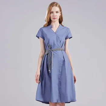 

Blue embroidered shirt feminine mid-length dress 2020 summer new two-piece straight loose yosucoun