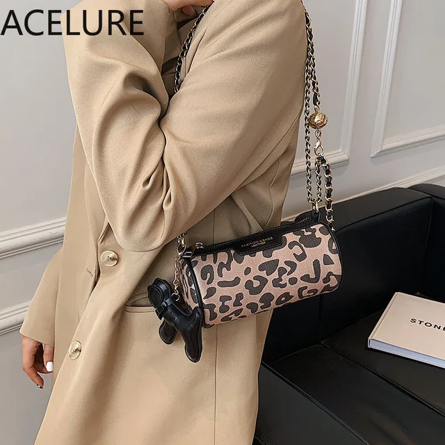 BS ACELURE Hot Fashion Metal Chain Small Shoulder Bags Female New Pillow Leopard PU Leather Cylinder Bags Ladies Small Handbag 1