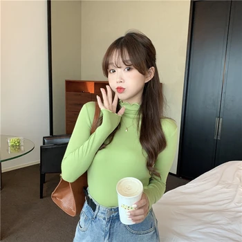 

PX2808 Pink pile collar bottoming shirt long sleeve T-shirt women