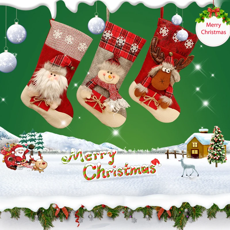 

Xmas Christmas Stockings Bags Santa Gift Sack Snowman Elk Decoration Bag