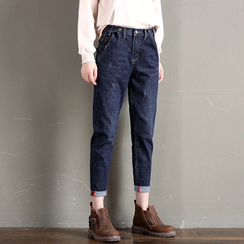 Women Jeans Pants Loose Casual Boyfriend Pants Solid Plain Pocket Denim Trousers Harajuku Ankle-Length Mom Jeans Vaqueros