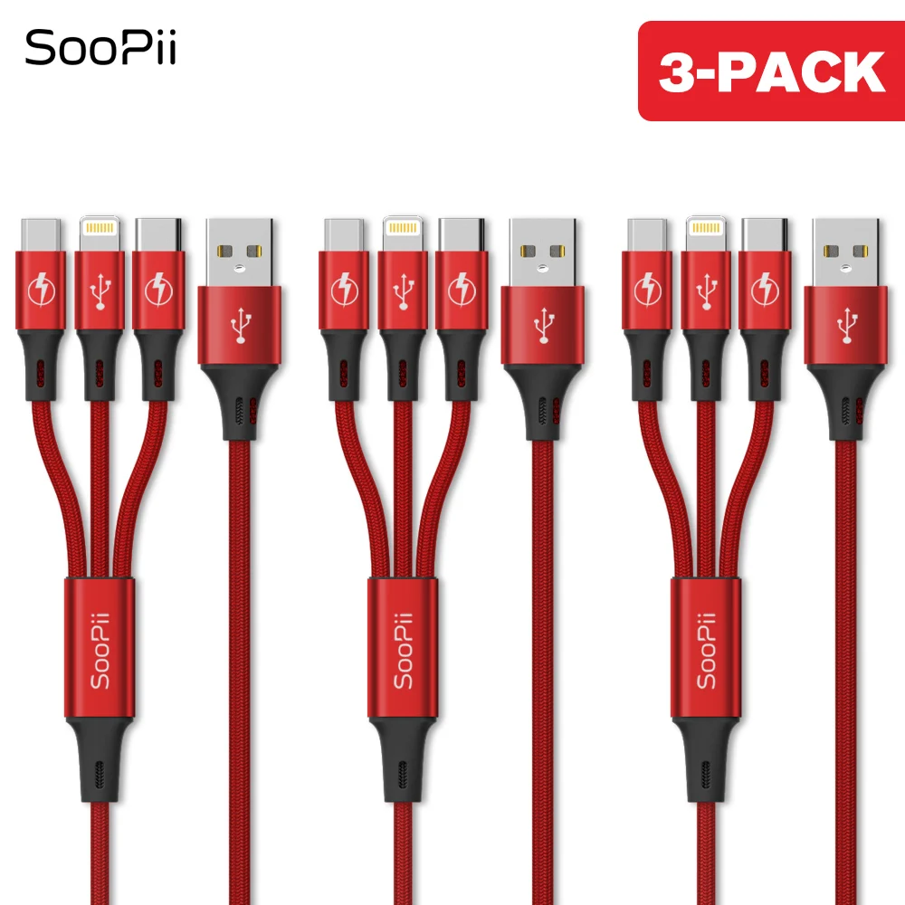 S07 Red 3-pack SooPii 0,3 м/1,2 м 3 в 1 USB кабель для Iphone Micro USB кабель для устройств Android type-c 3A кабель для быстрой зарядки для samsung S9 - Тип штекера: S07 Red 3-pack