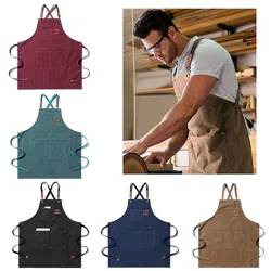 Durable Unisex Work Apron For Men Canvas Black Apron Bib Adjustable Cooking Kitchen Aprons For Woman With Tool Pockets