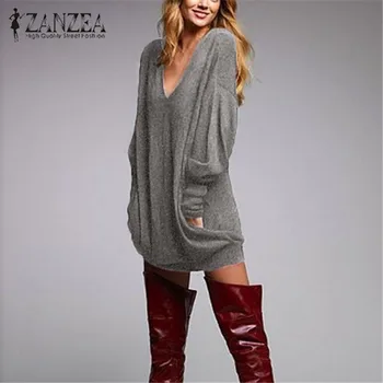 

ZANZEA 2020 Autumn Women Long Blouse Shirt Long Sleeve Knitted Sexy V Neck Pullovers Casual Tunic Pull Femme Plus Size S-5XL