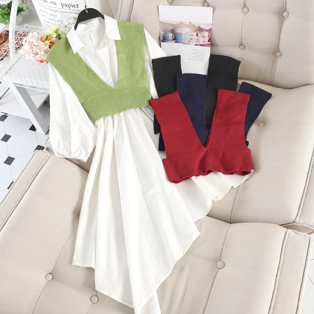 

SINGRAIN Women Long Irregular Shirt Dress Autumn Holiday Large Size Solid Dress Fashion Korean Knitted Vest Two Piece Dress
