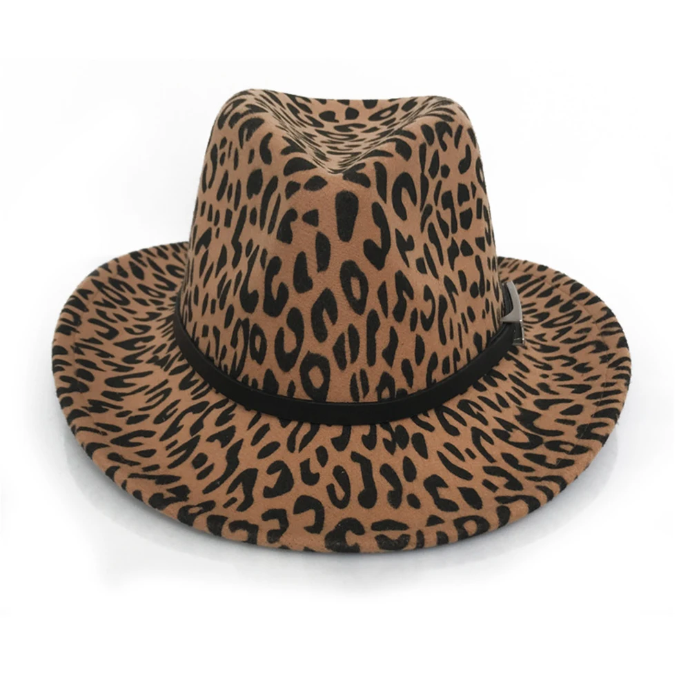 Men Women Leopard-printed Western Cowboy Hats Wide Brim Travel Sun Hat Autumn and Winter Wool Felt Jazz Cap Belt Top Hat