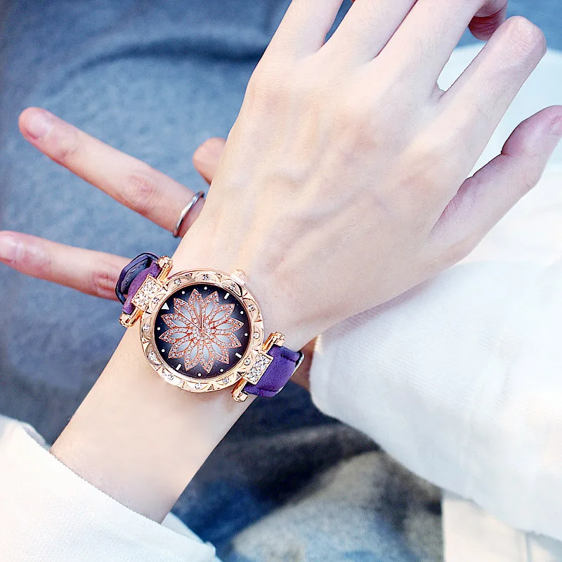 Женские часы, браслет, набор, звездное небо, женские часы-браслет, повседневные, кожа, кварцевые наручные часы, часы, Relogio Feminino - Цвет: Purple