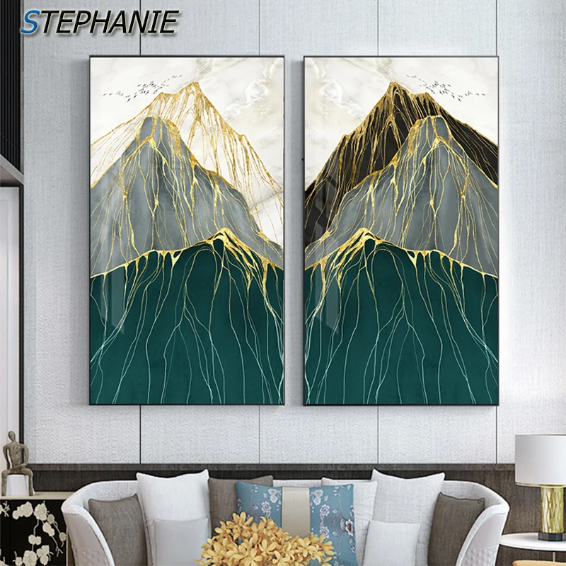 

Fashion Interior Decoration Blue Green Poster Print Modern Canvas Art Tableaux for Living Room Abstract Gold Landscape Wall Art