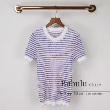 

Women Short Sleeve T-shirt shirts LETTER Embroidery luxury designer round Neck Slim fit striped knitted t shirt tops tshirt S-L