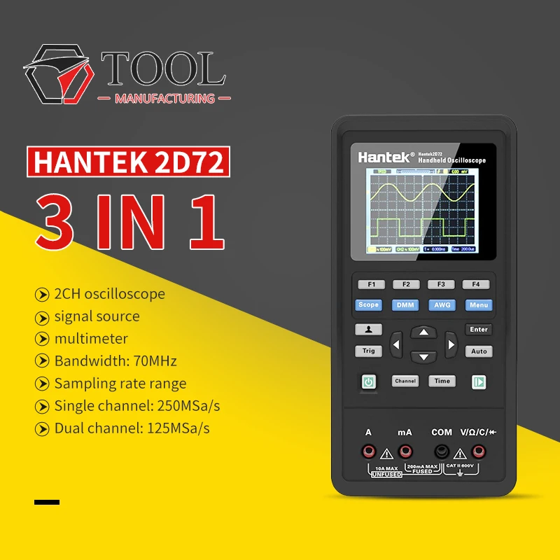 Hantek 2D72 3in1 Digital Oscilloscope Waveform Generator Multimeter USB Portable 2 Channels 70MHz 250MSa/s Multifunction Tester