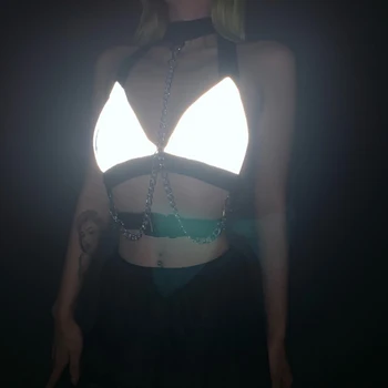 

Stage Costumes For Singers Nightclub Jazz Dancer Rave Clothes Pole Dancewear Eflective Fabric Chain Metal Vest Female Bra DT1899