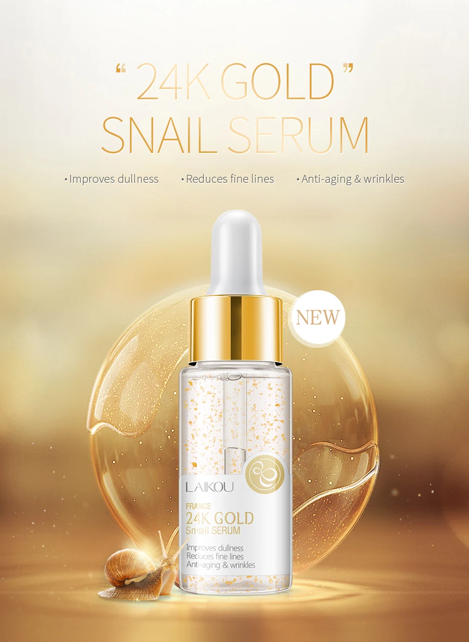 24K Gold Snail Slime Essence Serum Hyaluronic Acid Moisturizing Whitening Lifting Firming Essence Anti-Aging Face Skin Care